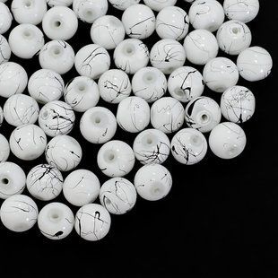 Стеклянные бусины 10 мм пак. 200 г. с рисунком белый
